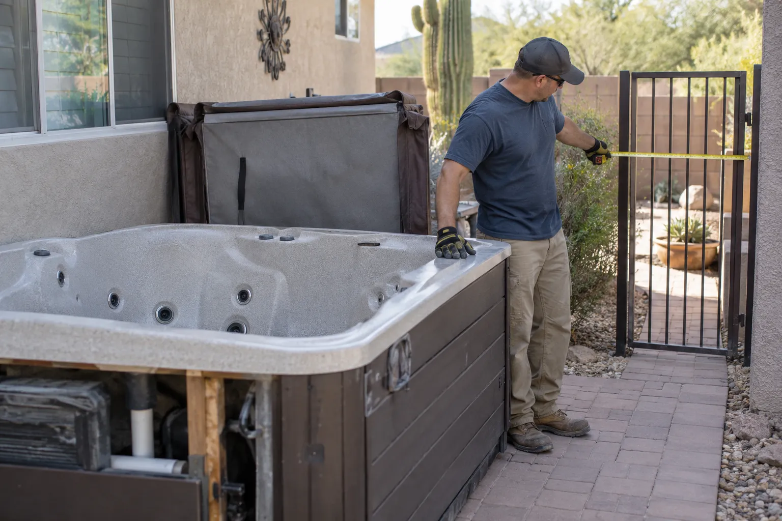 Worker measuring a side-yard gate beside a drained hot tub