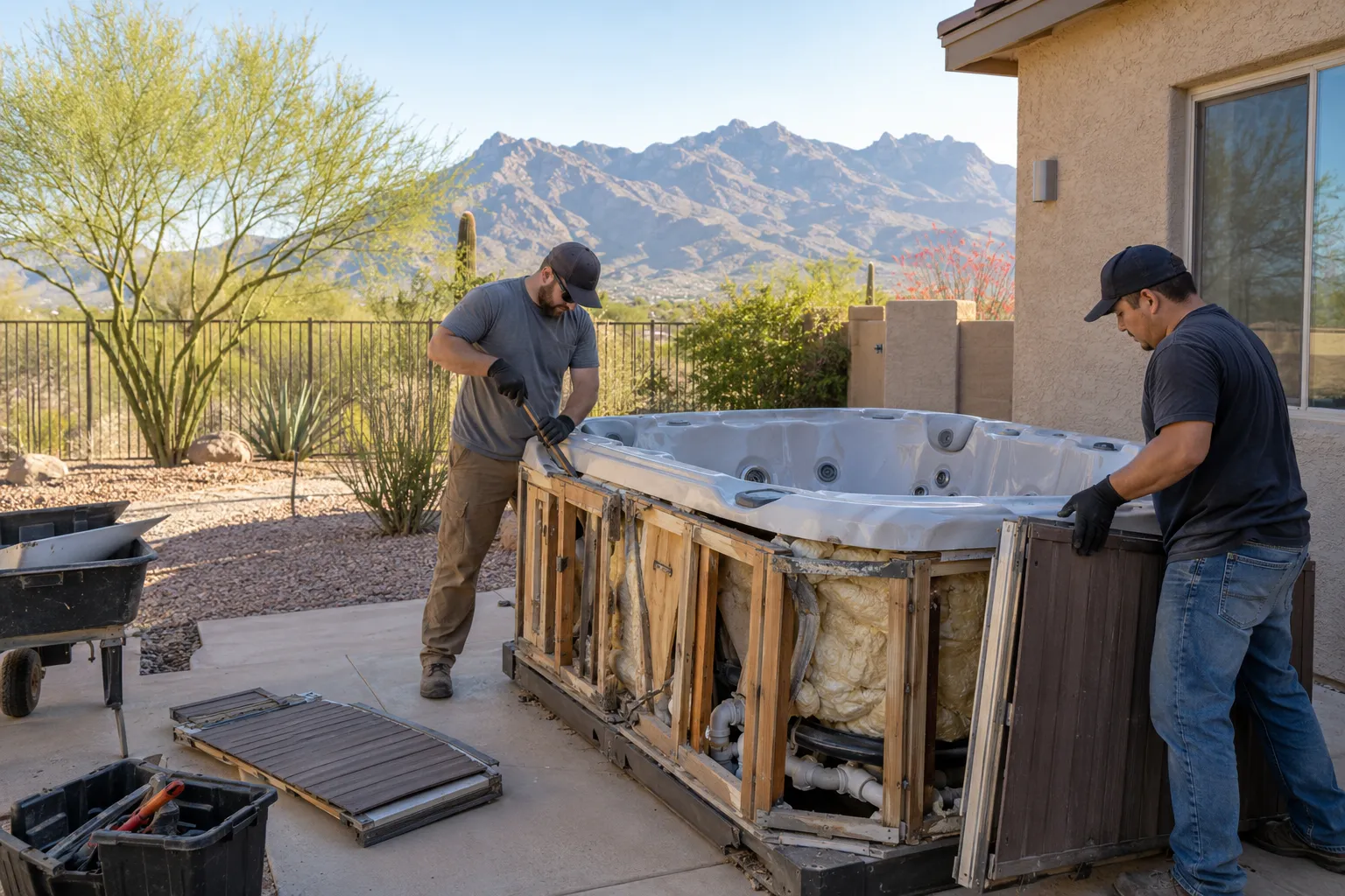 Crew dismantling an above-ground hot tub on a Tucson patio
